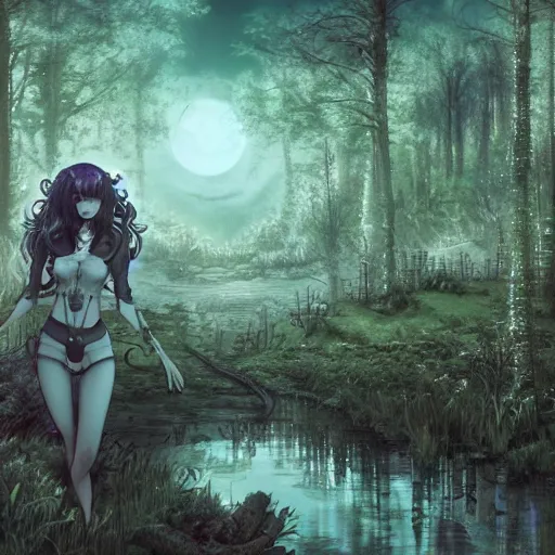 Image similar to goth woman in a moonlight view, in a forest, a river, tankoban, 4 k, tone mapping, akihiko yoshida, james jean andrei riabovitchev marc simonetti, yoshitaka amano, long hair, curly, h. hydrochaeri