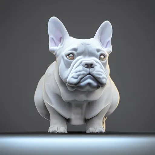 Image similar to quartz crystal carved into the shape of a french bulldog, photo realistic, dramatic cinematic lighting, octane render, 4 k, ultra detailed