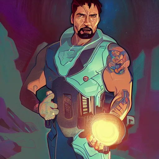 Prompt: The Rock as Tony Stark, ambient lighting, 4k, alphonse mucha, lois van baarle, ilya kuvshinov, rossdraws, artstation