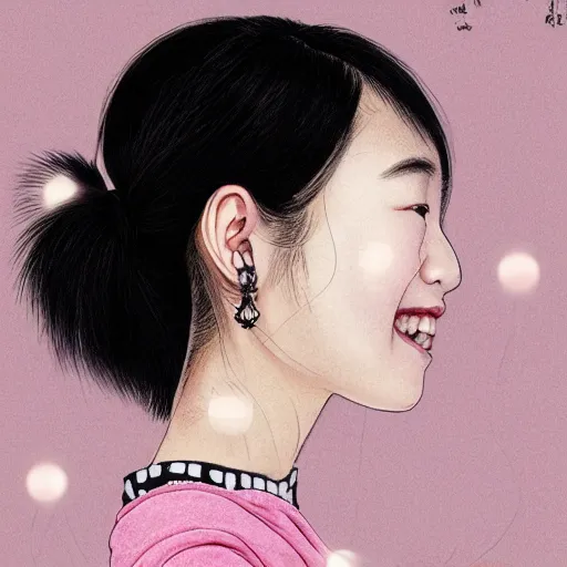 Image similar to portrait of asian girl with muji shirt, round face, black hair, ponytails, skinny, smile, attractive, small chin, wearing pink hair bow, earrings, with a japanese print background, intricate, elegant, glowing lights, highly detailed, digital painting, artstation, sharp focus, illustration, art by wlop, mars ravelo and greg rutkowski