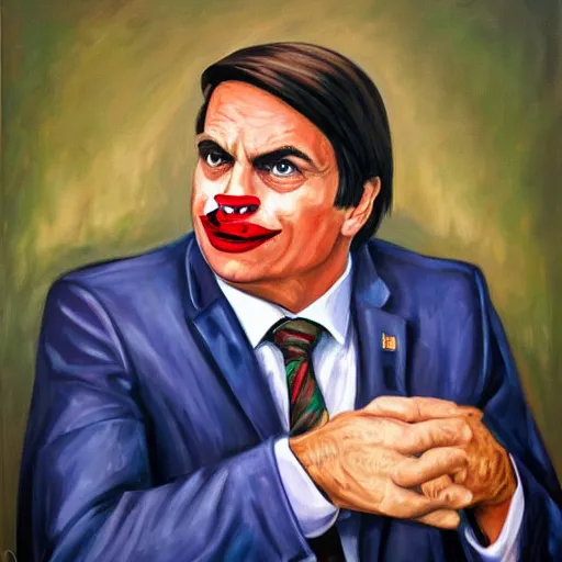 Image similar to oil canvas of jair bolsonaro as a sad clown