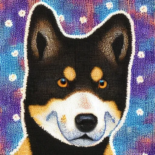 Image similar to pointillism, black and brown Shiba