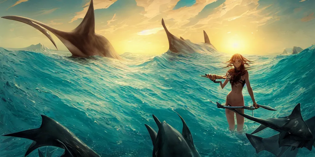 Image similar to close up of a extremely beautiful and aesthetic shark tooth and shark fin girl holding a symmetrical trident on the horizon, perfect face, symmetrical eyes, model pose, slightly smiling, sun set, big wave, big blade whale fighting against thorn sharks flying on the background, epic scene, fantasy illustrations, by peter mohrbacher and makoto shinkai and ferdinand knab