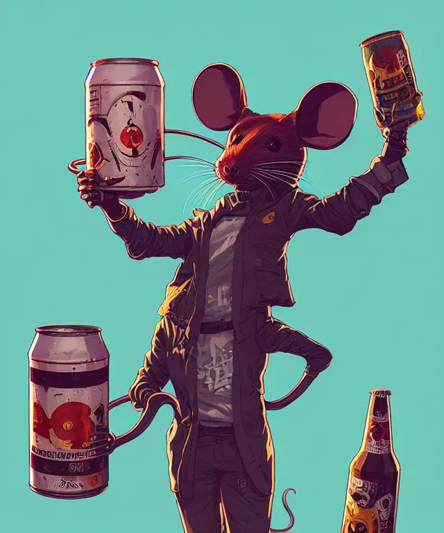 Image similar to a portrait of an anthropomorphic cyberpunk mouse holding a can of beer, cyberpunk!, fantasy, elegant, digital painting, artstation, concept art, matte, sharp focus, illustration, art by josan gonzalez