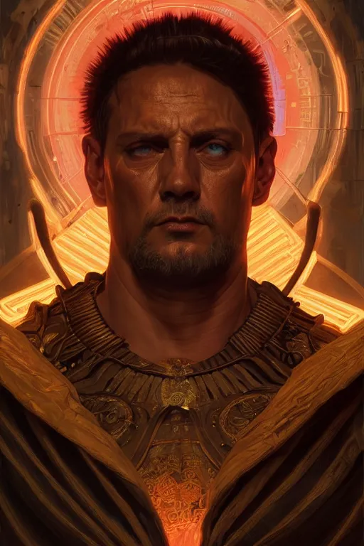 Prompt: ancient rome emperor in cyberpunk style, neon glow, realistic portrait, symmetrical, highly detailed, digital painting, artstation, concept art, smooth, sharp focus, illustration, cinematic lighting, art by artgerm and greg rutkowski and alphonse mucha
