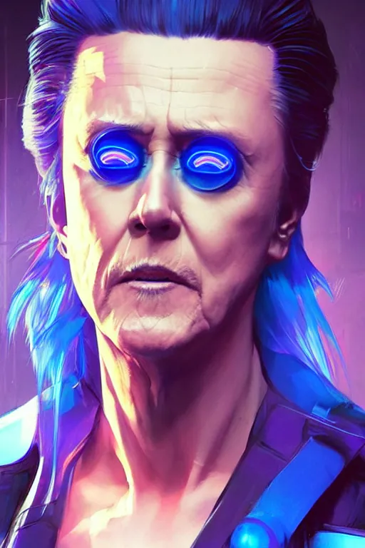 Prompt: a cyberpunk christopher walken with blue hair, neon colors, concept art by artgerm and greg rutkowski and caravaggio and moebius