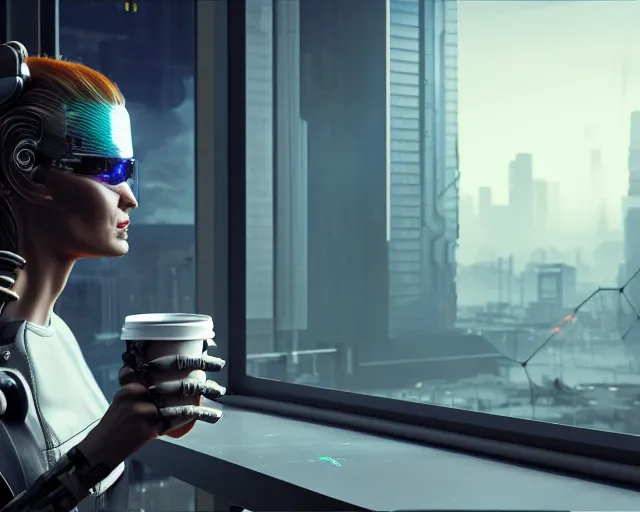 Image similar to a terminator cyborg lady with borg implants and optical fibers is drinking coffee near a window with dystopian city visible outside. very detailed 8 k. cyberpunk style. unreal engine render. global illumination. nanite. rtx. path tracing.