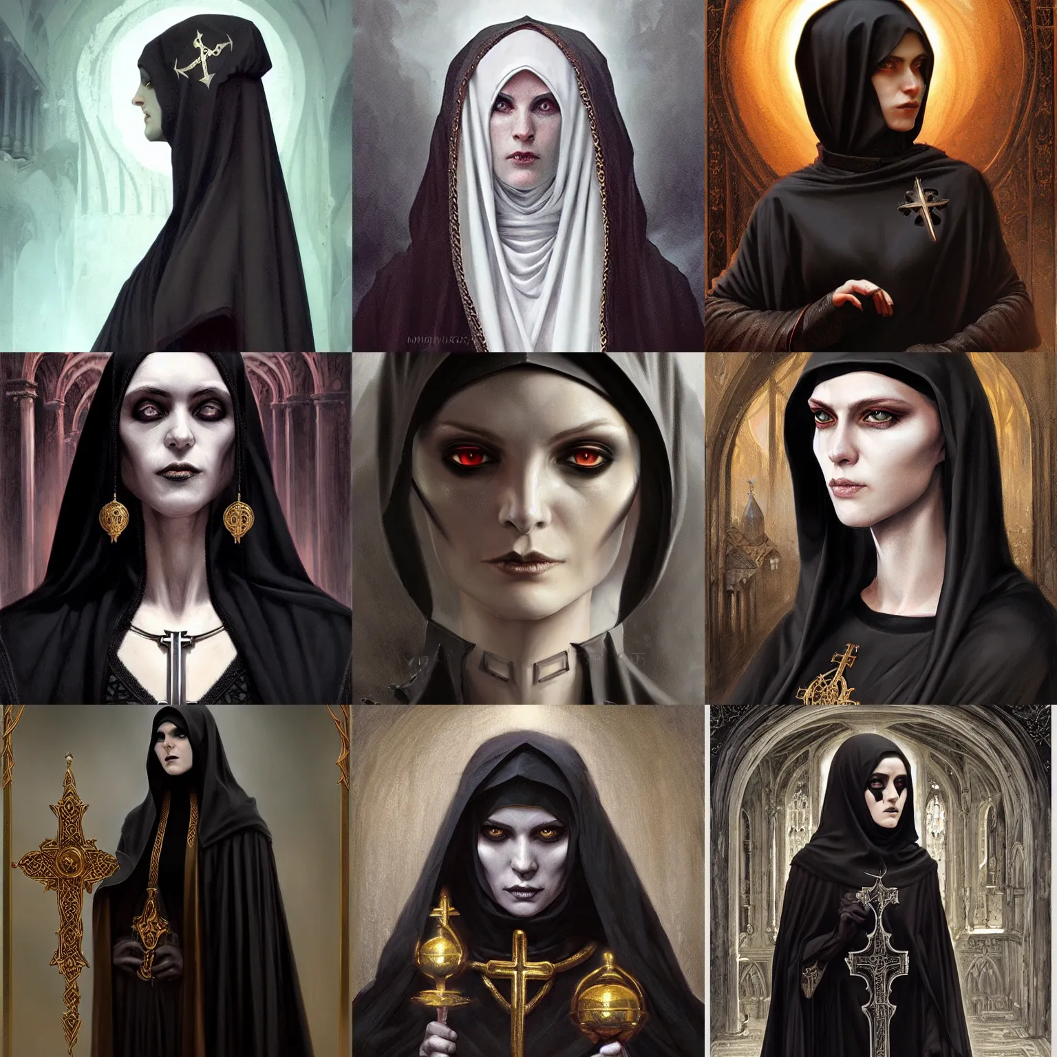 Prompt: gothic byzantine nun, dark fantasy, portrait, highly detailed, digital painting, trending on artstation, concept art, sharp focus, illustration, art by artgerm and greg rutkowski and magali villeneuve