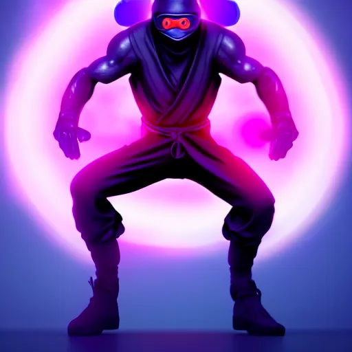 Image similar to ninja surrounded by purple aura, glowing red eyes, full body shot, menacing, stylized, octane render, artstation, digital art, digital painting, devian art