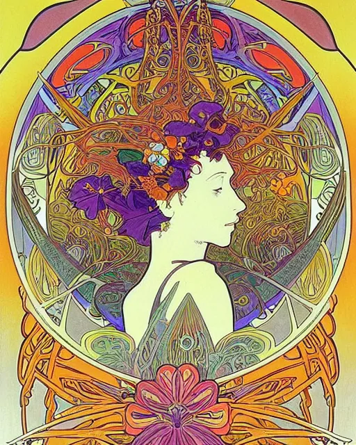 Image similar to psychedelic exotic flowers on a mysterious planet by Alphonse Mucha, Moebius, hiroshi yoshida, Art Nouveau, colorful, ultradetailed, vivid colour, 3d