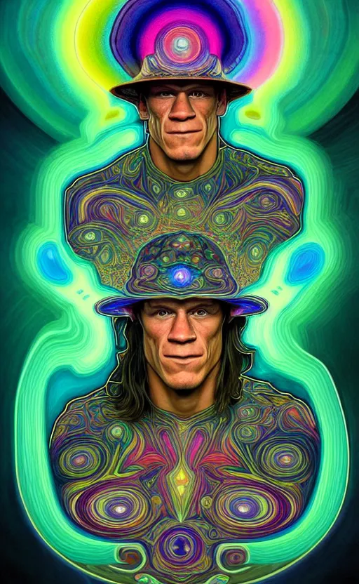 Image similar to An extremely psychedelic celestial John Cena in his black fedora hat, colorful, surreal, dramatic lighting, magic mushrooms, psilocybin, LSD, face, detailed, intricate, elegant, highly detailed, digital painting, artstation, concept art, smooth, sharp focus, illustration, art by Krenz Cushart and Artem Demura and alphonse mucha