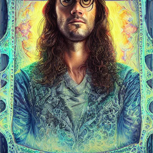 Prompt: portrait of jared padalecki, hyper detailed masterpiece, neon floral pattern, jean giraud, digital art painting, darkwave goth aesthetic, psychedelic, artgerm, donato giancola and tom bagshaw