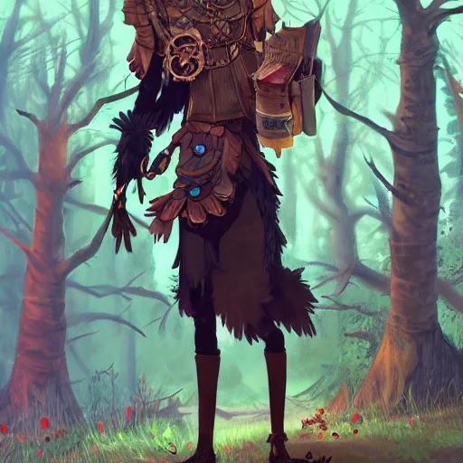 Image similar to concept art painting of an anthropomorphic crow person with steampunk clothes, in the deep forest, realistic, detailed, cel shaded, in the style of makoto shinkai and greg rutkowski and james gurney