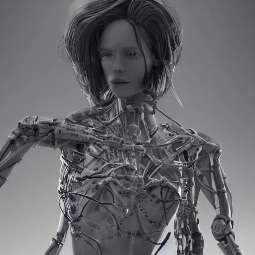 Image similar to photographic stil of beautiful model, a human robot woman, beautiful artificial biomecanic body with artificial bones and artificial flesh, cables, tubes, westworld style, medium - shot, insanely detailed, photorealistic, beautiful soft light, octane render, by annie leibowtiz