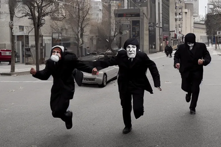 Image similar to dramatic cinematic bank robbers running out of bank wearing trump masks by Emmanuel Lubezki