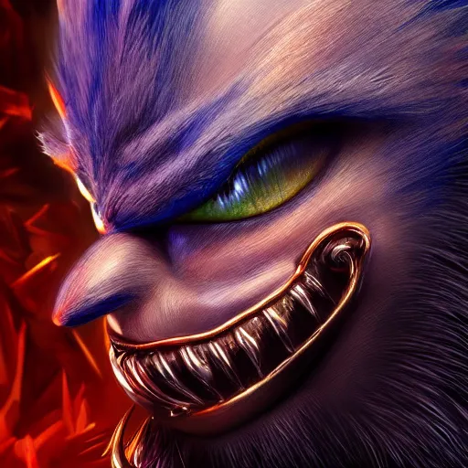 Image similar to perfectly - centered close - up face - portrait of evil sonic, intricate, elegant, super highly detailed, professional digital painting, artstation, concept art, smooth, sharp focus, no blur, no dof, extreme illustration, unreal engine 5, 8 k, by anne stokes