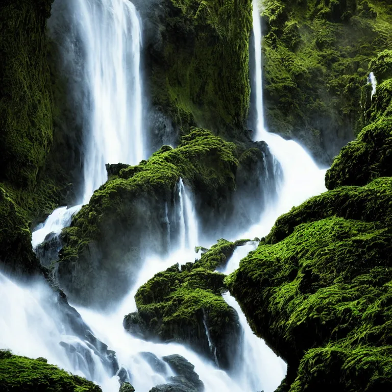 Prompt: dark and moody 1 9 8 0's artistic color spaghetti western film, a woman in a giant billowing wide long flowing waving shining bright white dress made out of waterfalls, standing inside a green mossy irish rocky scenic landscape, huge waterfall, volumetric lighting, backlit, atmospheric, fog, extremely windy, soft focus