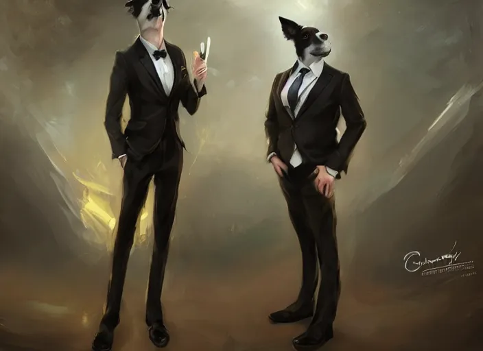 Prompt: wide angle beautiful full body portrait of a strong male anthropomorphic anthro border collie fursona in a suit sitting in a parlor room, character design by charlie bowater, henry asencio, and ross tran, disney, scenic background, detailed, aesthetic, trending on artstation, furaffinity, deviantart