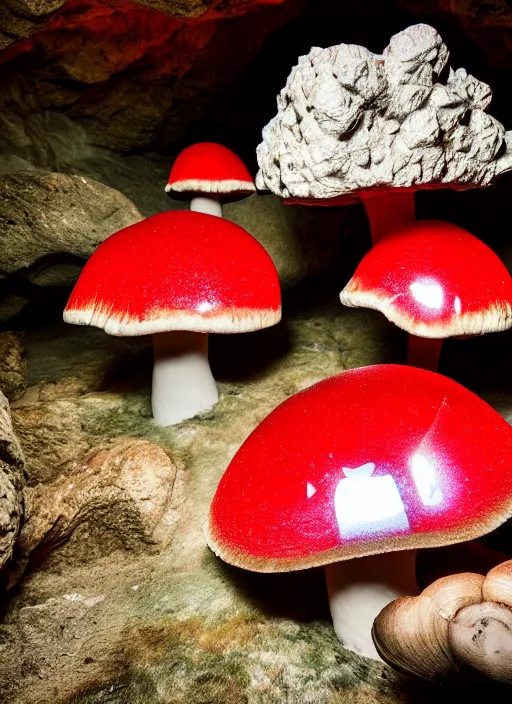 Image similar to photo of cave with giant crystals glowing and giant red mushrooms, realistic, sharp focus, 8 k high definition, insanely detailed, intricate, elegant