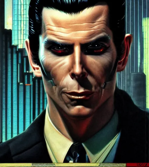 Image similar to a cyberpunk very ugly mafia boss in a suit with slicked back black hair played by christen bale staring at the camera, 1 9 7 9 omni magazine cover, style by vincent di fate, artgerm, very coherent, detailed, 4 k resolution, dark, unreal engine, daz