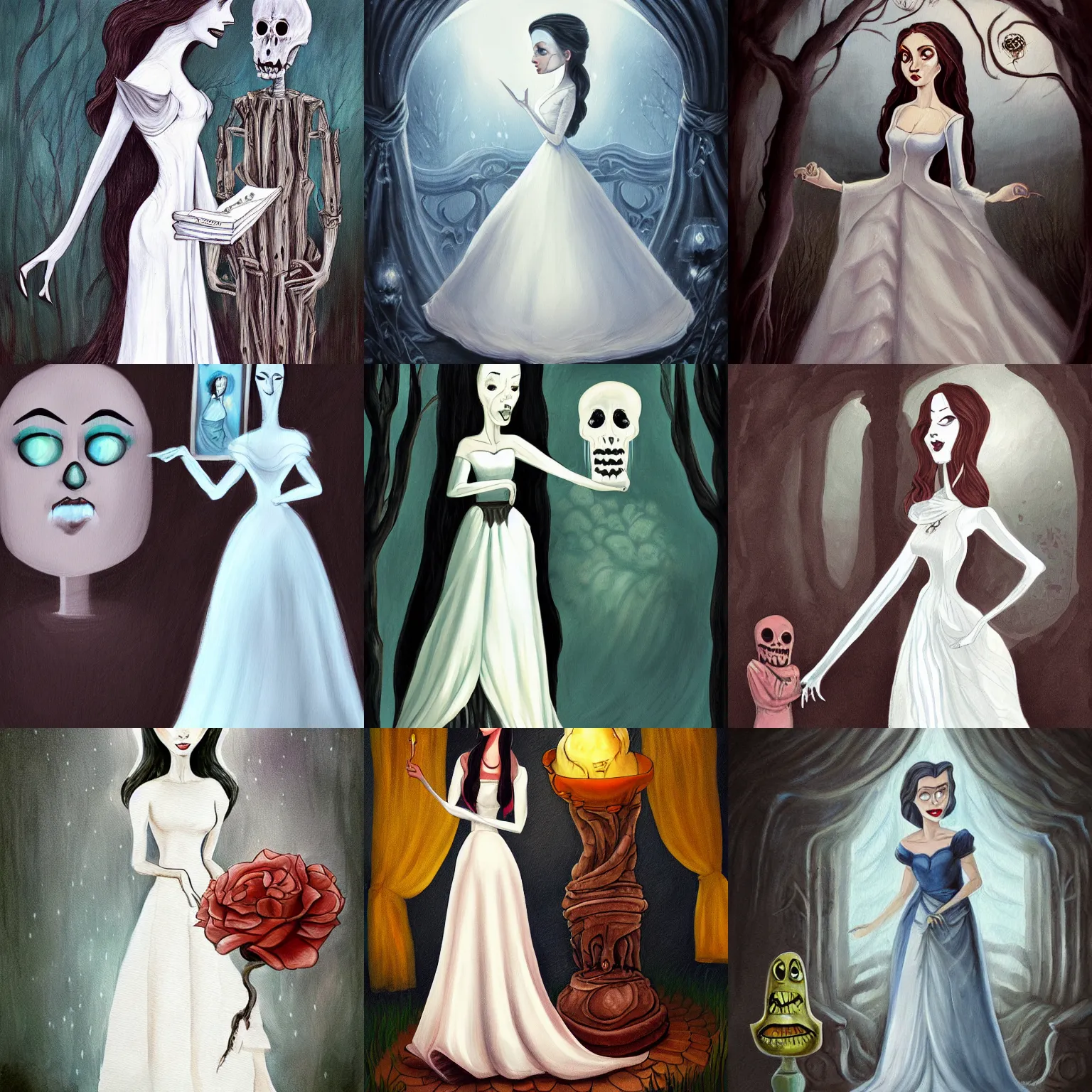 Prompt: a painting of a woman in a white dress standing next to a creepy face, a storybook illustration beautyandthebeast, trending on deviantart, fantasy art, storybook illustration, macabre, whimsical