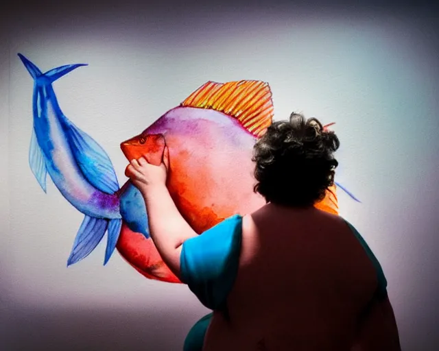 Prompt: an innocent and beautiful scene in hyper realistic style, watercolor and pen drawing, of a fat old woman painting a huge colorful fish on the wall, lighting from the barred window. shadows. 4 k. wide angle. wild mood. red mouth, blue eyes. deep focus, lovely scene. ambient occlusion render. unreal engine.