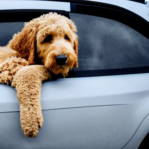 Image similar to a photo of a goldendoodle sleeping on the backseat of a car