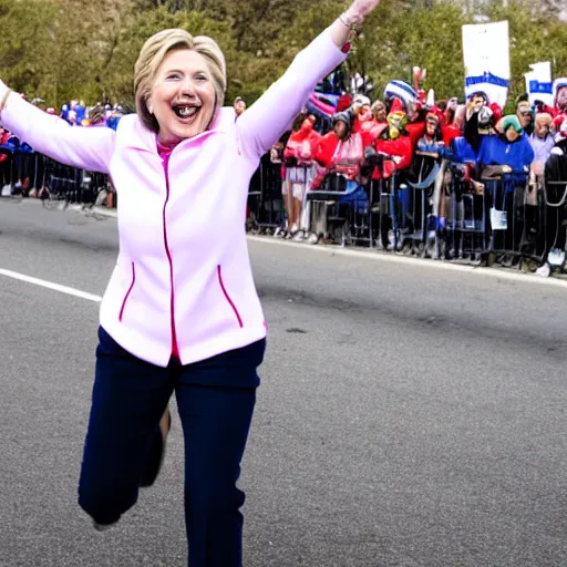 Image similar to hillary clinton running marathon screaming shouting hands in the air