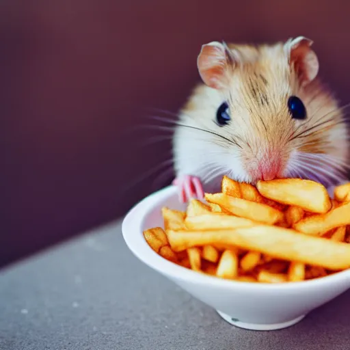 Prompt: detailed photo of a hamster eating fries, fancy restaurant, various poses, full body, unedited, daylight, dof 8 k