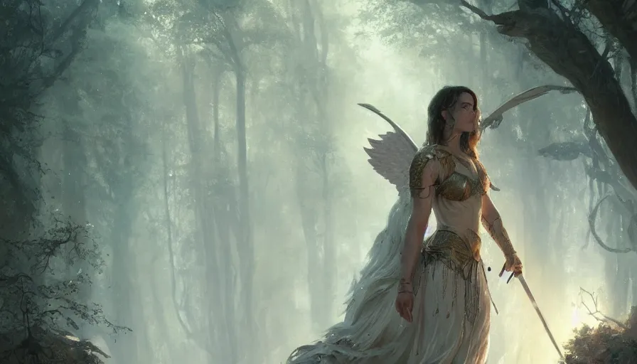 Image similar to A beautiful detailed painting of jennifer connelly as a female angel warrior reigns on a magical forest by greg rutkowski and Kalin Popov , Trending on artstation HD.