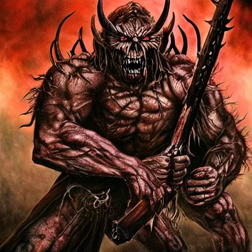 Image similar to big demon with a battle - axe roaring at the screen, heavy metal album cover, demonic, creepy, iron maiden, horror, brutal