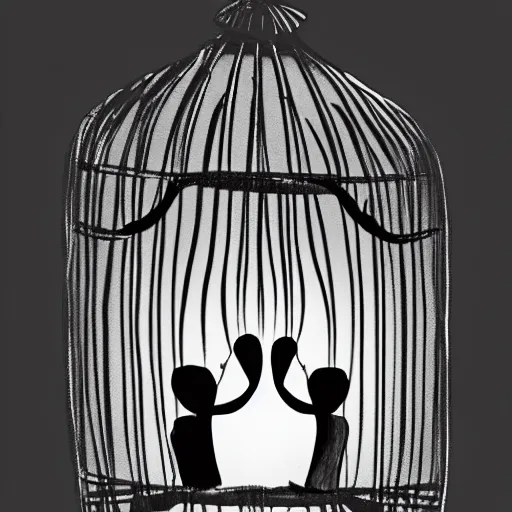 Image similar to two shadowy figures hugging each other in a birdcage, black and white