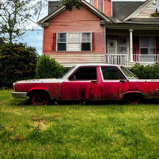Image similar to an abandoned car in a suburban neighborhood from netflix show stranger things