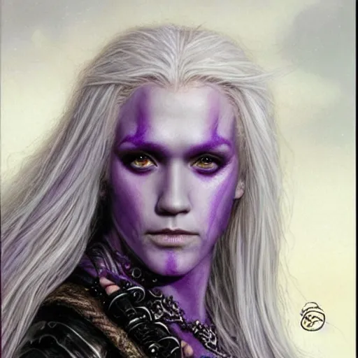 Image similar to head and shoulders portrait of a purple - skinned, white - haired drow wizard portrayed by young jessica alba, d & d, fantasy, luis royo, magali villeneuve, donato giancola, wlop, krenz cushart