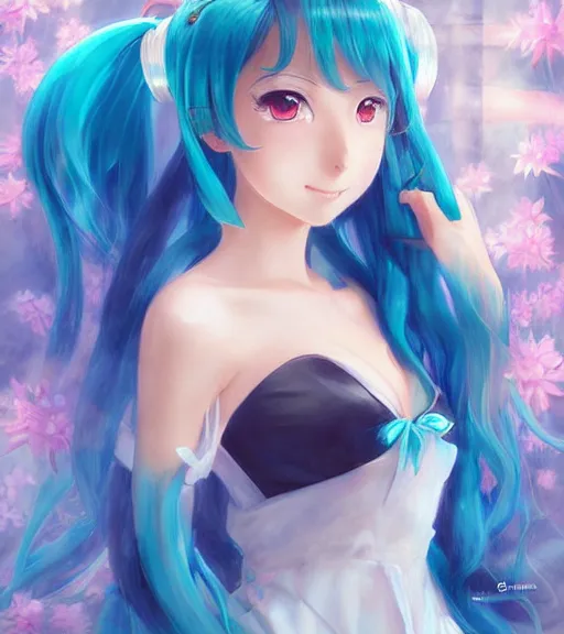 Image similar to Anime art very beautiful Hatsune miku by rossdraws, Gil Elvgren, Vladimir Volegov, Earl Moran, Enoch Bolles, symmetrical shoulders