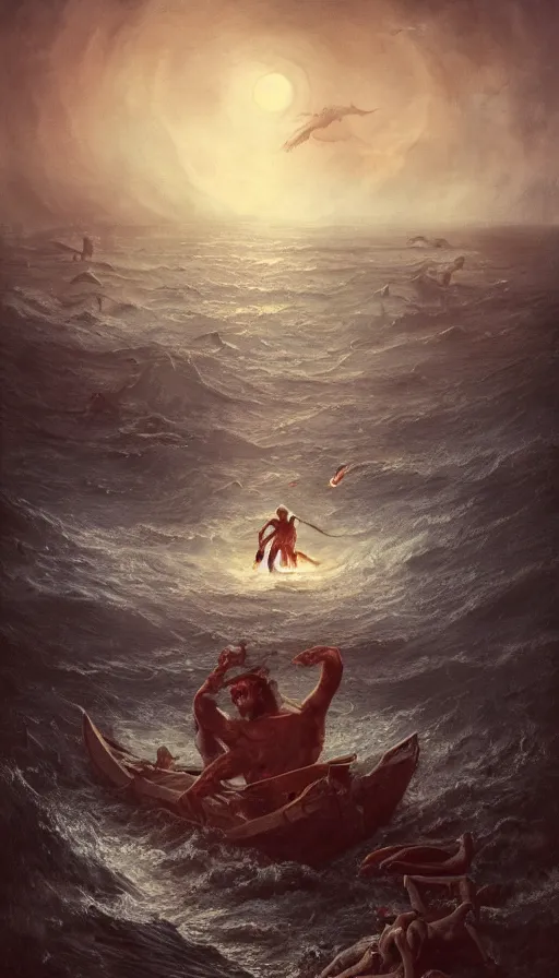 Prompt: man on boat crossing a body of water in hell with creatures in the water, sea of souls, with octane