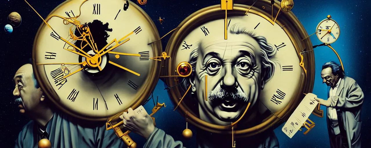 Image similar to duotone surreal illustration 3 / 4 portrait of albert einstein measuring time on salvadore dali clock in outer space. golden ratio accidental renaissance. by sachin teng and sergey kolesov and ruan jia and heng z. graffiti art, scifi, fantasy, hyper detailed. octane render. concept art. trending on artstation