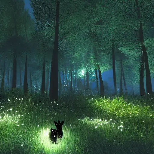 Image similar to a black fox in a majestic fantasy forest at night, fireflies floating about, bioluminescent plants, second life in game screenshot 2022