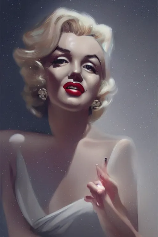 Prompt: portrait of marilyn monroe, staring directly into camera, intricate, elegant, glowing lights, highly detailed, digital painting, artstation, sharp focus, illustration, art by wlop, mars ravelo and greg rutkowski