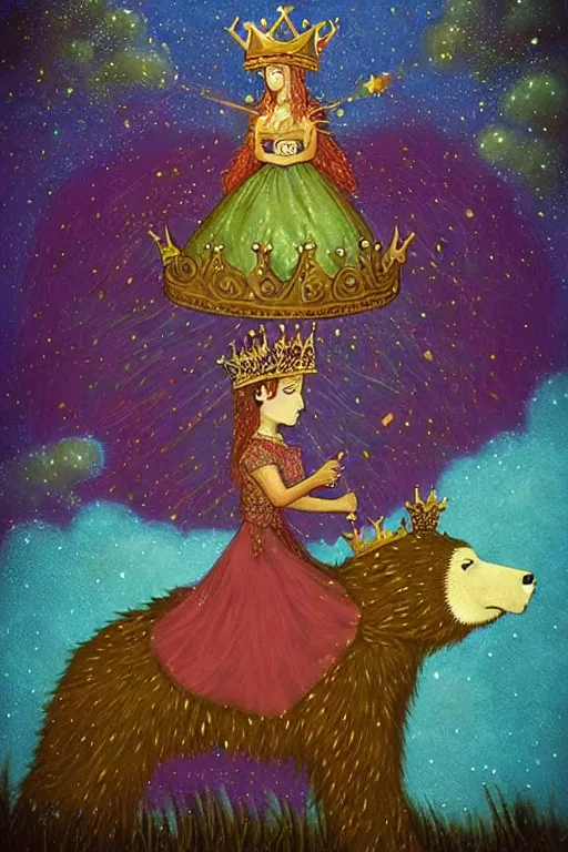 Image similar to surreal medieval princess with a crown riding a bear, nostalgia for a fairytale, magic realism, flowerpunk, mysterious, vivid colors, by andy kehoe, amanda clarke