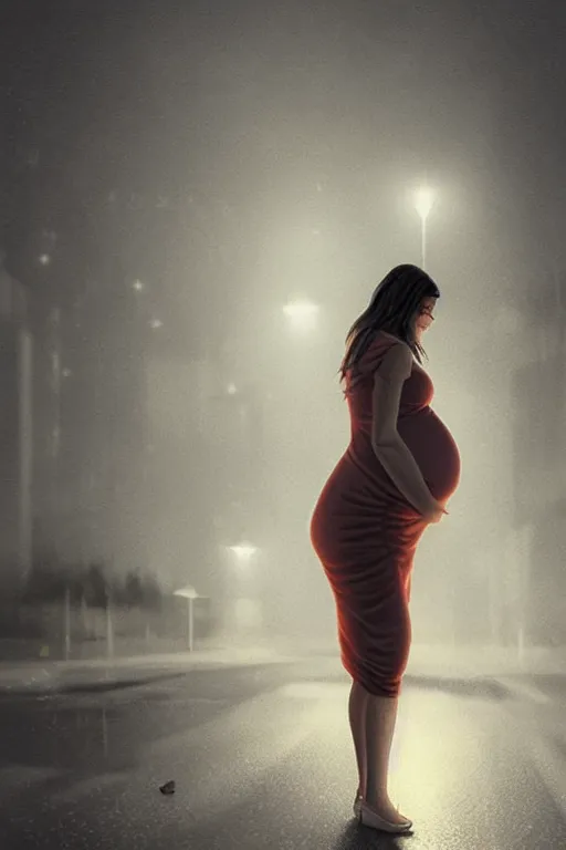 Image similar to pregnant woman under street light, highly detailed, sharp focused, ultra realistic digital concept art by Nikolai Shurygin