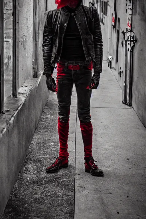 Image similar to red hood cosplay, creepy, disturbing, bloody, darkness, grainy, urban, jeans, white jacket