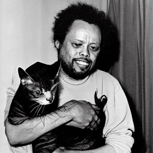 Prompt: charles mingus lovingly holding a terrifying evil cat from hell, professional, detailed