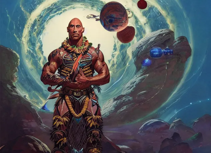 Prompt: the rock as a hawaiian warrior surrounded by intergalactic planets connected by streams of magical flow, sigma male, gigachad, visually stunning, luxurious, by james jean, jakub rebelka, tran nguyen, peter mohrbacher, yoann lossel, wadim kashin