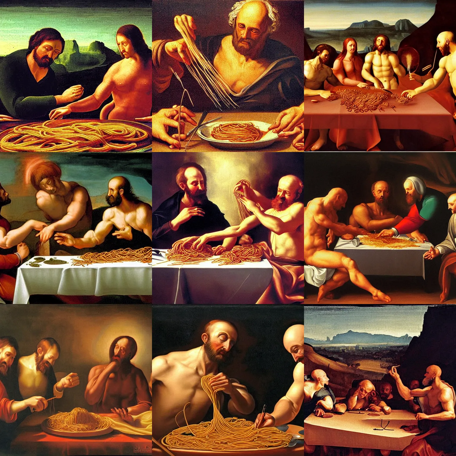 Prompt: creation of adam painting but it's spaghetti instead of humans, painting, high detail