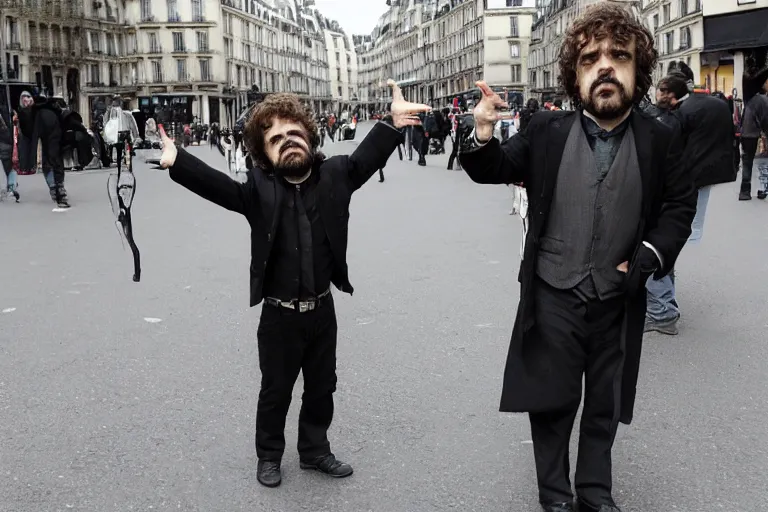 Image similar to peter dinklage on stilts walking in the hazzy streets of paris, in the style of eugene atget and peter witkin