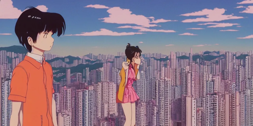 Prompt: girl smoking at rooftop overlooking hong kong, sprite, vaporwave nostalgia, directed by beat takeshi, visual novel cg, 8 0 s anime vibe, kimagure orange road, maison ikkoku, sketch by osamu tezuka, directed by makoto shinkai and beat takeshi