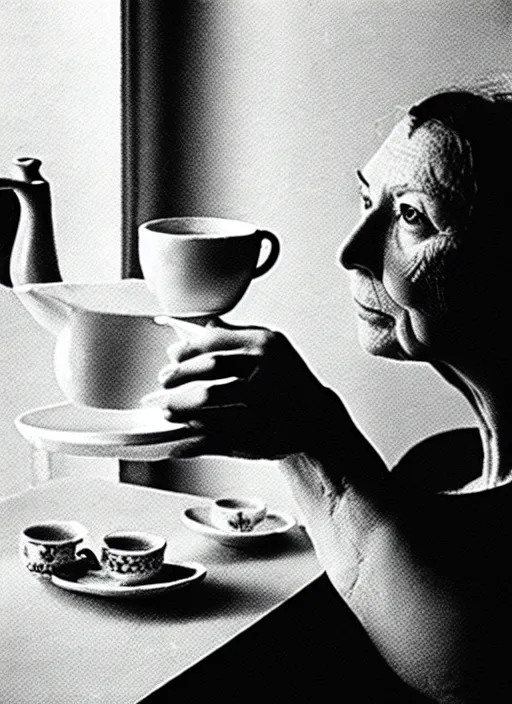 Image similar to A frame from the film 'Knitting at Home sipping some tea' directed by Salvador Dali, 70mm, grainy film photography, chiaroscuro, highly detailed, masterpiece