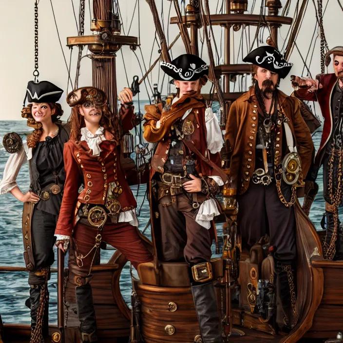 Image similar to full body photograph of steampunk pirates on their ship. Extremely detailed. 8k