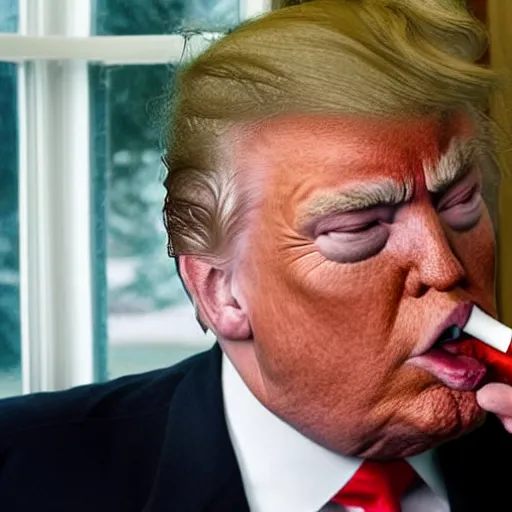 Prompt: a shocking, candid photo of donald trump, smoking crack out of a crack pipe in the white house oval office. photo taken from a window outside the oval office, by a new york times reporter.